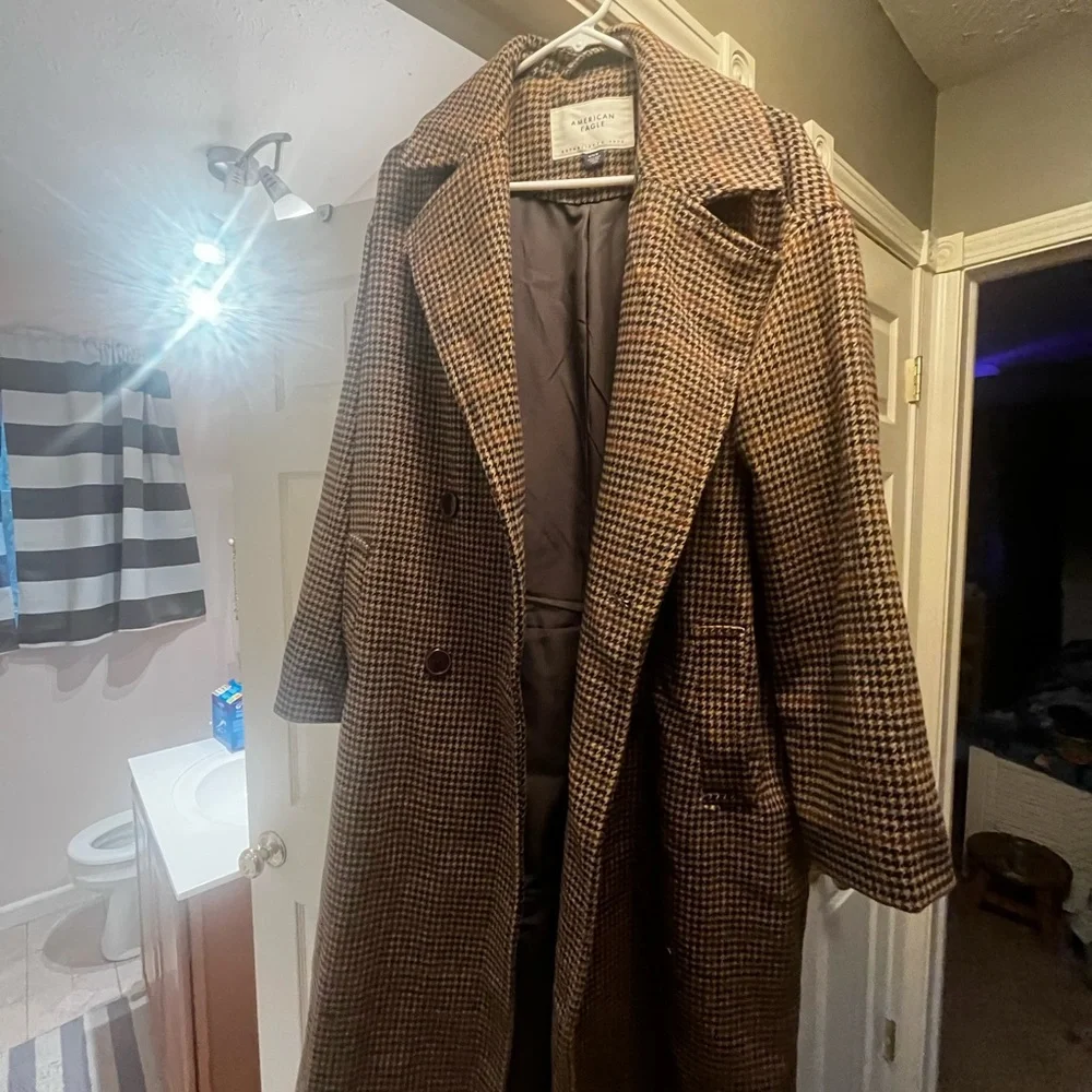 American Eagle Outfitters Brown Check Wool Blend Trench Coat - Picture 2 of 3